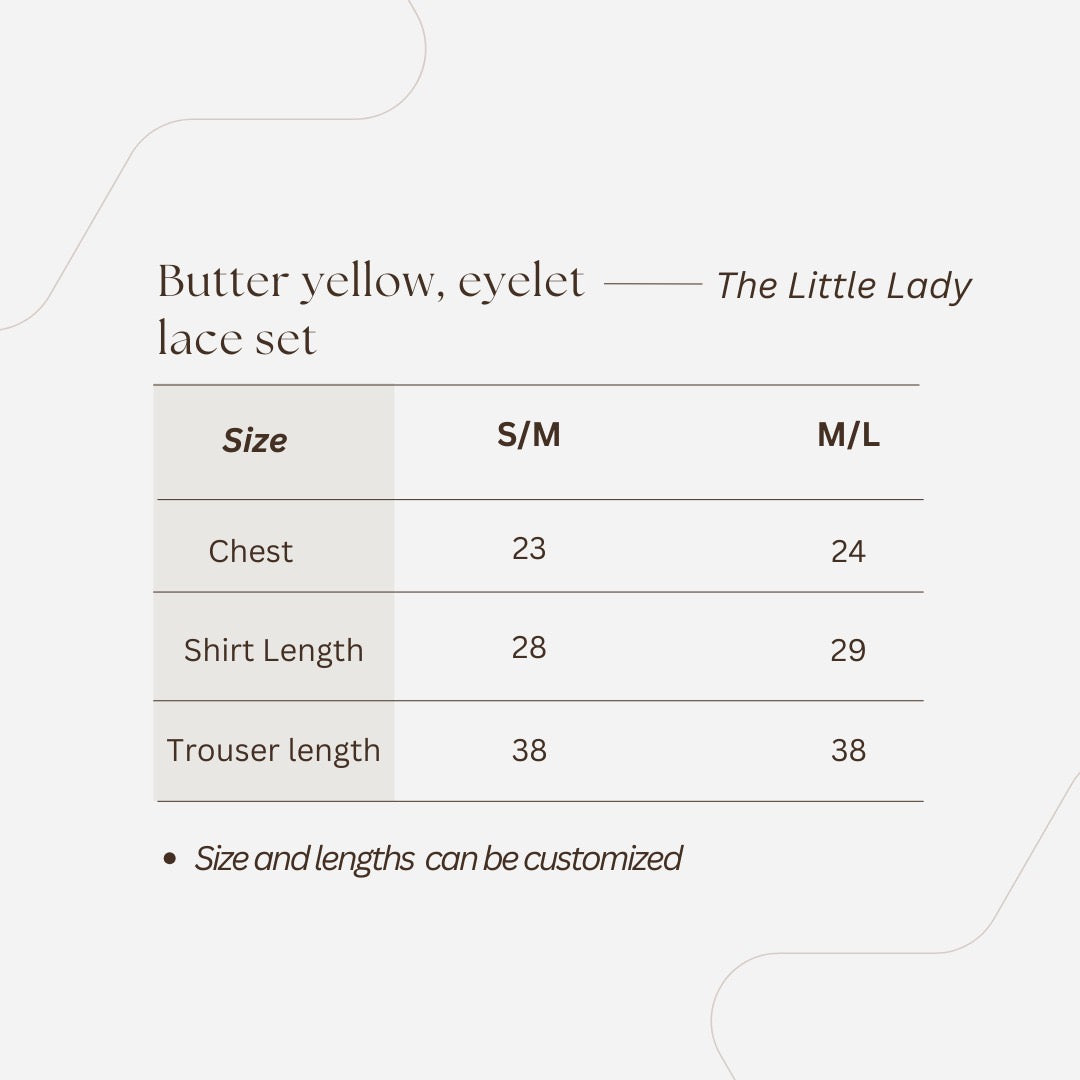 Butter yellow eyelet set size chart