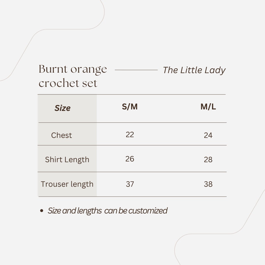 Burnt orange crochet set size chart
